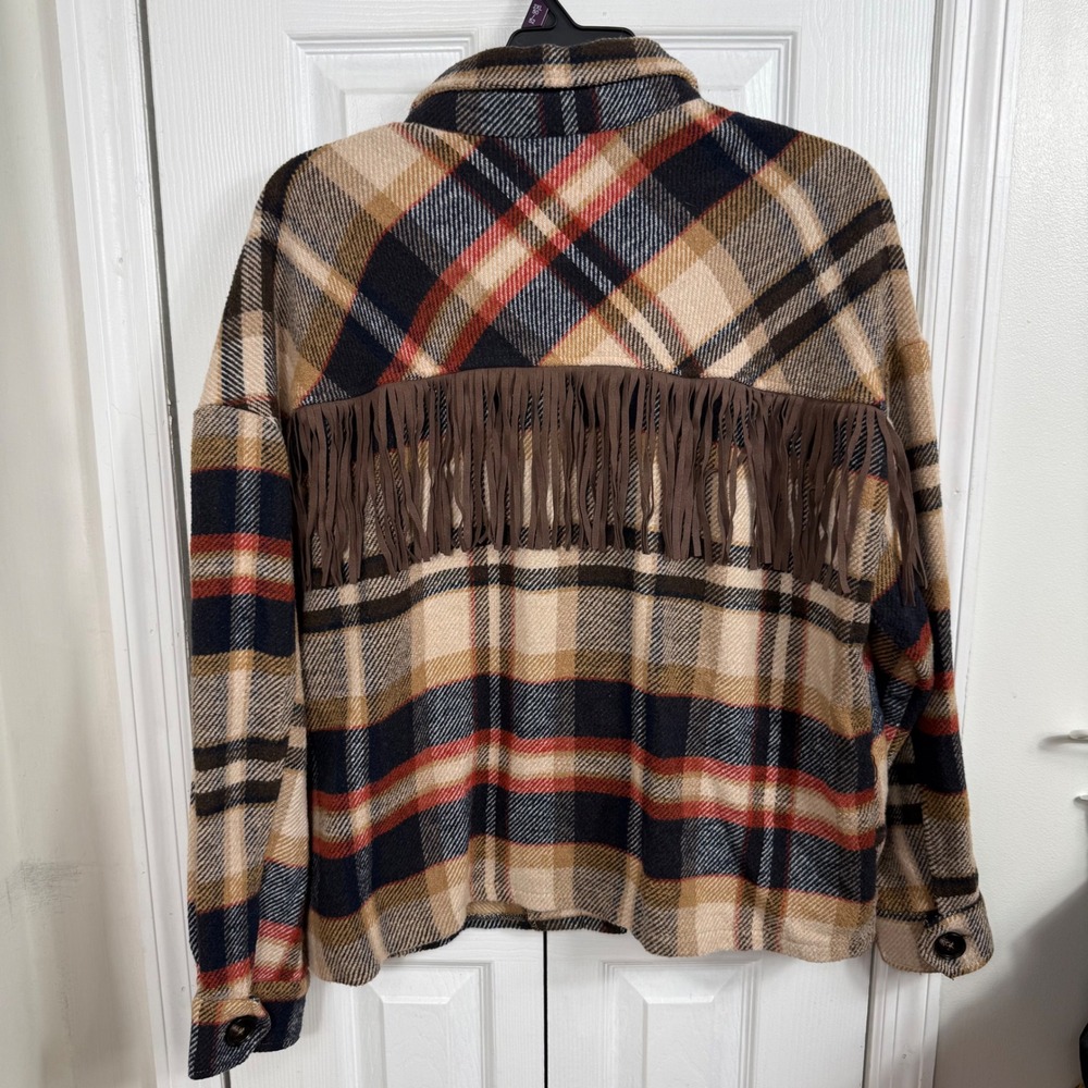 BKE Plaid Shacket Womens M Western Fringe Jacket Tan Black Red Button Front